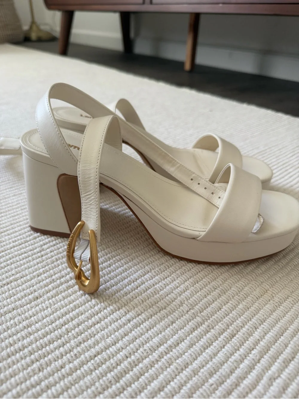 Larroude Cream Platform Slingback Heels with Gold Buckle